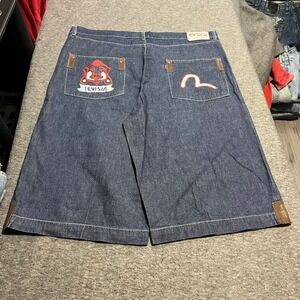 Evisu Genes Mens Baggy Denim Shorts Dark Wash Embroidered Logo Size 40 Indigo
